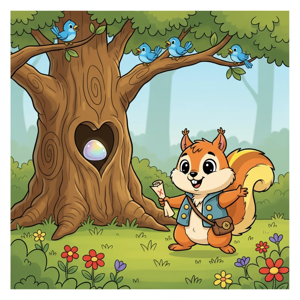 Following the map, Pip scurried past chattering bluebirds and bright wildflowers, his tail twitching with anticipation. He reached a gnarled old oak tree with a hollow heart, just like the one drawn on the map. Inside, he found a shiny, smooth pebble, a shimmering clue for the next exciting step.