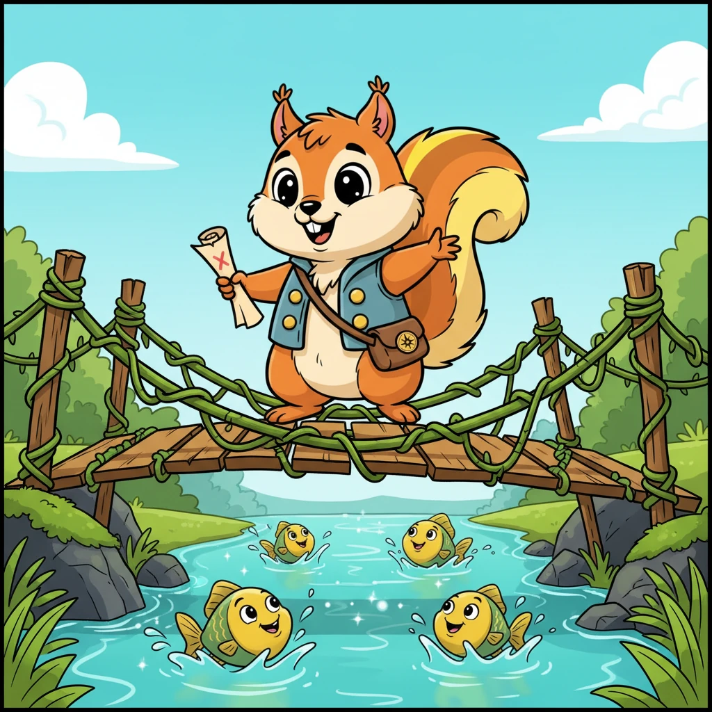 The map led Pip to a sparkling stream, crossed by a rickety, vine-covered bridge that swayed gently in the breeze. Pip, with a determined grin, carefully tiptoed across the wobbly bridge, his tail swishing for balance. Playful fish leaped out of the water below, cheering him on.
