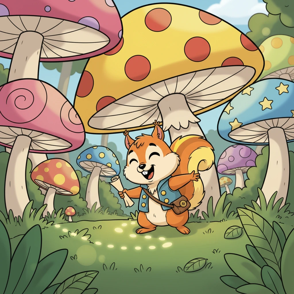 The map pointed to a grove of enormous, colorful mushrooms, their caps like painted umbrellas. Pip navigated through them, following a dotted line on the map, feeling like he was in a magical maze. He laughed as he ducked under a particularly large, polka-dotted cap, enchanted by the vibrant hues.