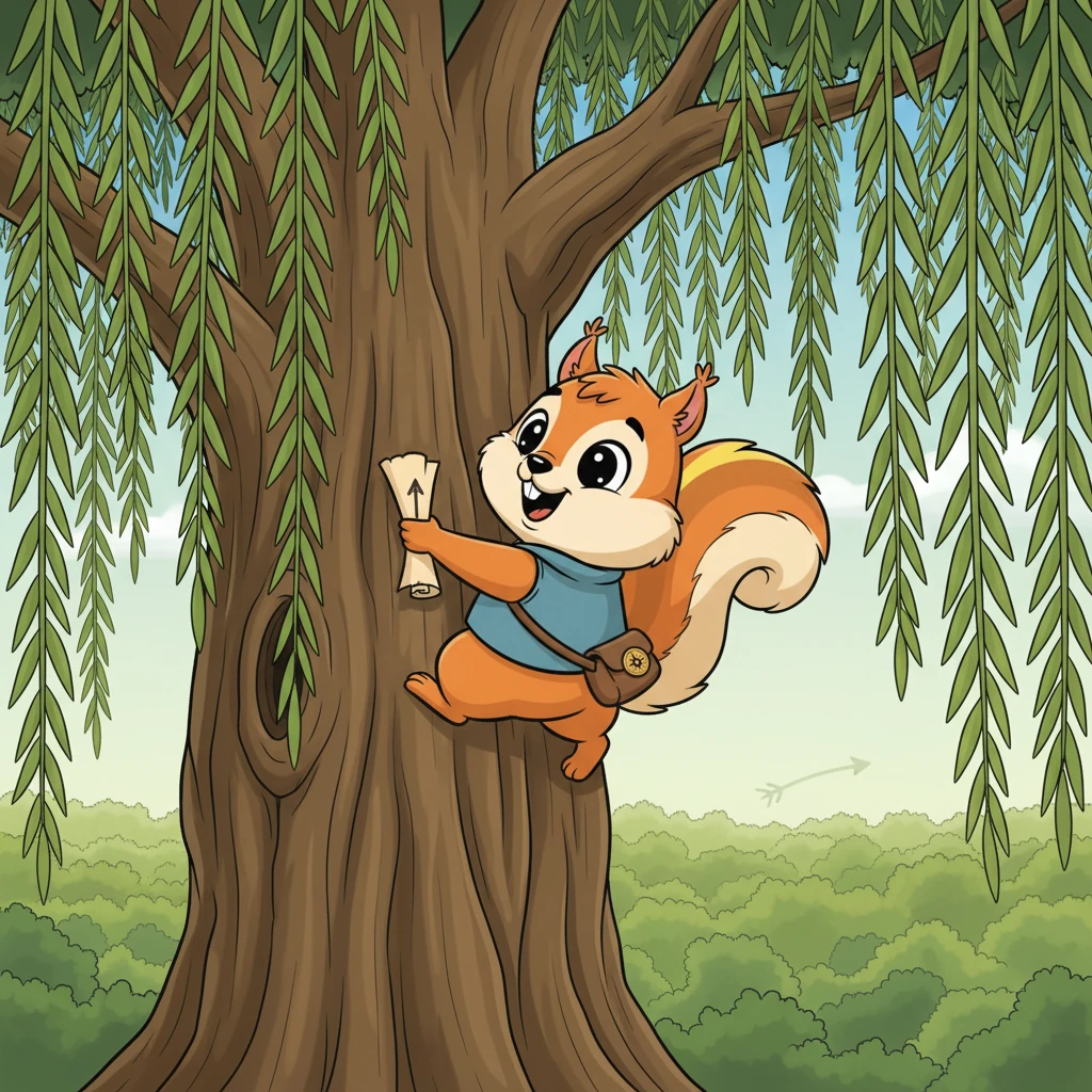Next, the map directed Pip to a towering, ancient willow tree with long, drooping branches that seemed to whisper in the wind. Pip bravely climbed up its rough bark, higher and higher, until he could see the whole forest spread out below. He spotted a faint arrow on the map, pointing towards a distant glade.