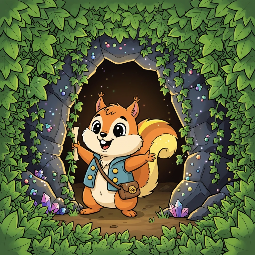 The map's final clue led Pip to a hidden alcove behind a shimmering curtain of ivy. He pushed through the leaves to discover a small cave entrance, its walls sparkling with tiny, harmless crystals. A sense of excitement bubbled inside him, knowing the treasure was close.