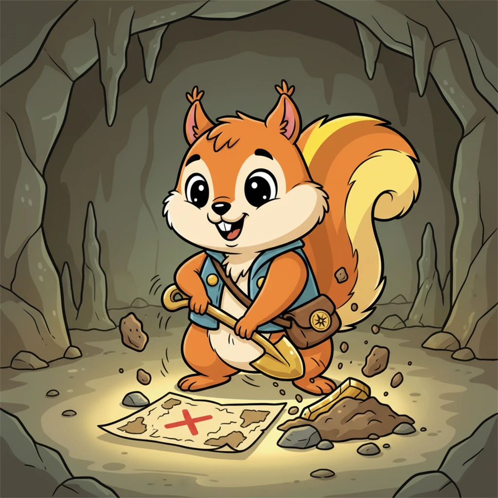 Inside the cave, the map showed a clear 'X' on the damp, earthy floor, bathed in a soft, ethereal glow. Pip pulled out a tiny, ornate shovel he'd packed and began to dig with gusto, dirt flying playfully around him. He felt a satisfying thunk! his paws hitting something solid and intriguing.