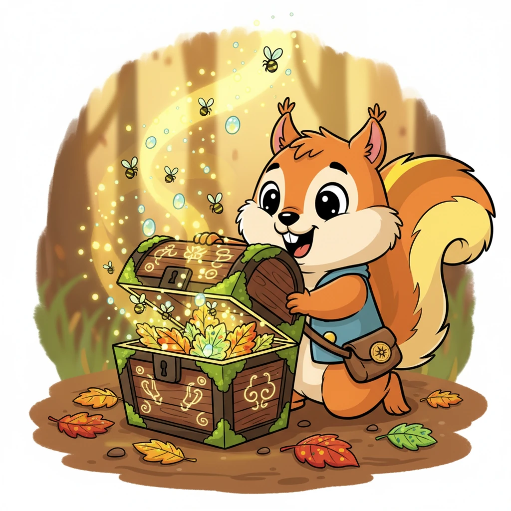 Pip unearthed a small, intricately carved wooden chest, adorned with moss and ancient symbols. With trembling paws, he carefully pried open the lid, his heart pounding with anticipation. Instead of gold, the chest was filled with glowing fireflies, sparkling dewdrops, and a collection of the most beautiful, unique autumn leaves he'd ever seen.