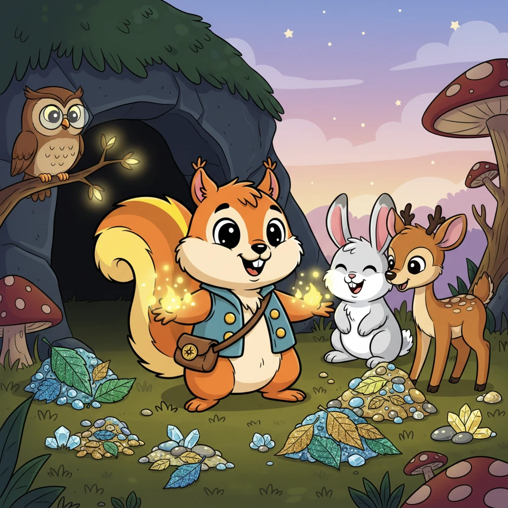 Pip sat outside the cave, surrounded by his magical, natural treasures, his face beaming with pure joy. He shared the shimmering fireflies and sparkling leaves with his forest friends – a wise owl, a giggling bunny, and a curious deer – who had gathered around. Everyone marveled at the simple, wondrous gifts he found, proving the best treasures are often unexpected and shared.