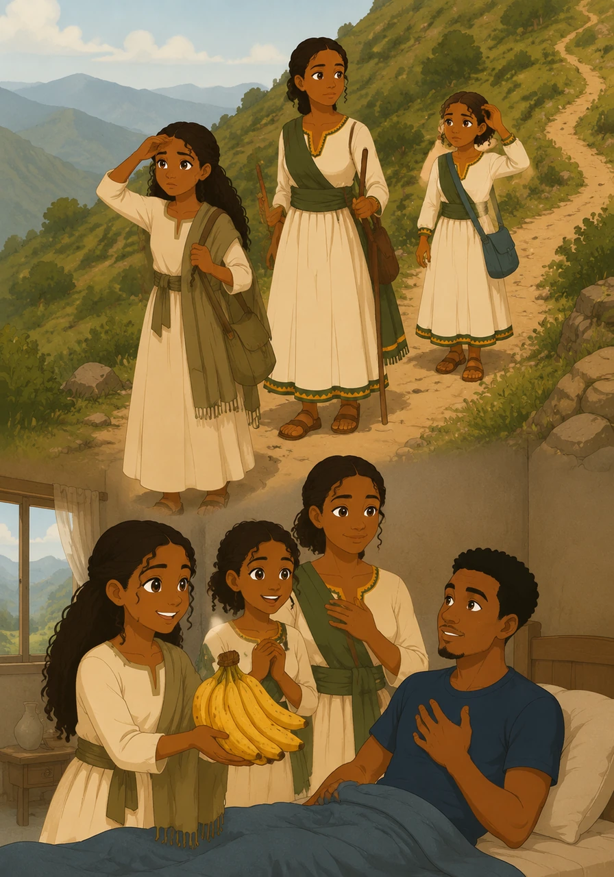 When Novel falls sick and stays at his aunt’s house on a mountain, Dezu travels a long way with her mother and her friend Mahi to check on him. They get hilariously lost on the winding mountain paths, but their arrival with a gift of bananas makes Novel’s love for her grow even stronger.