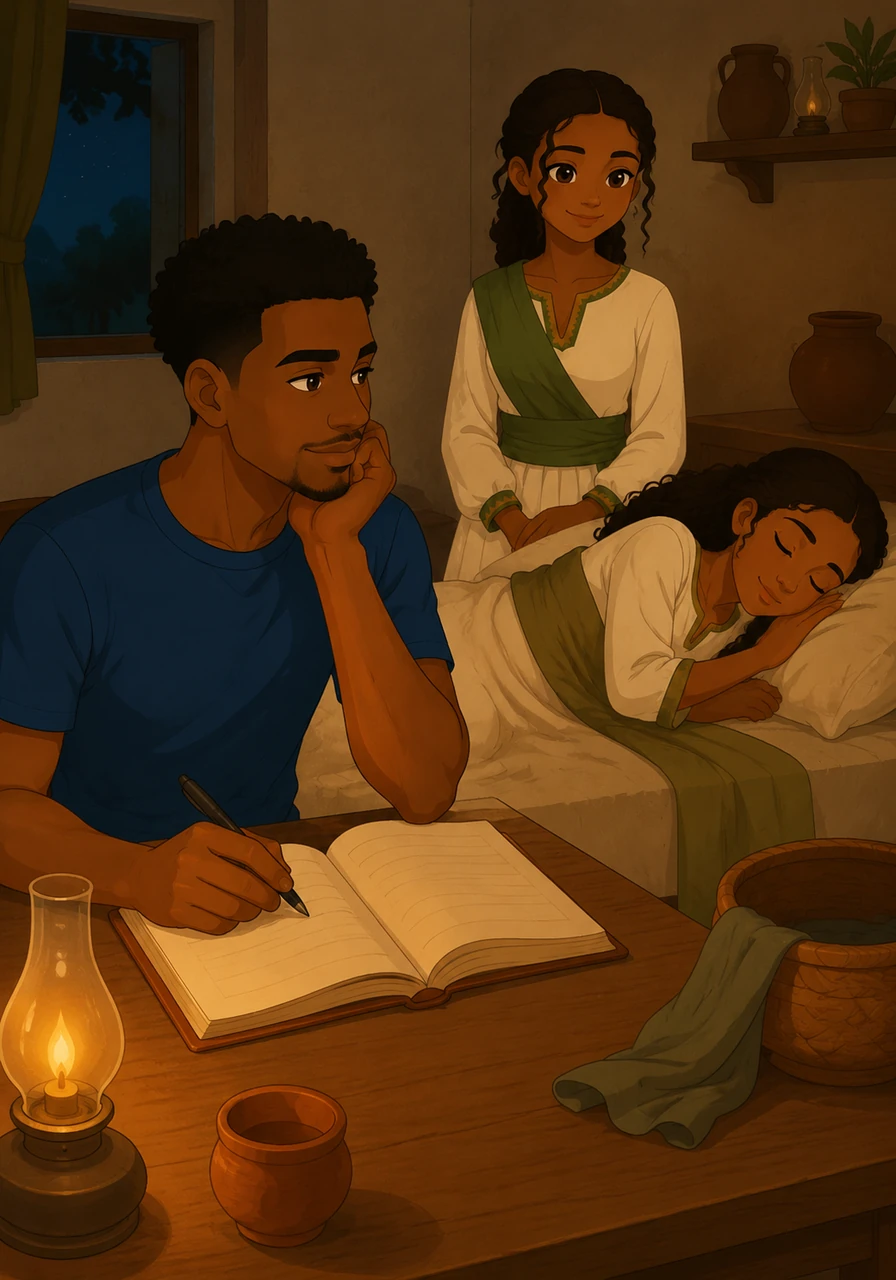 Now, Novel watches Dezu as she sleeps peacefully, reflecting on her honesty and the way she cares for her family. He finishes writing their story, waiting for her to wake up so she can see how much he loves her and the beautiful journey they have started together.