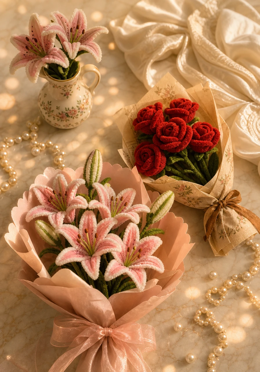 A close-up aerial flat-lay captures an immaculate collection of handmade chenille wire flowers resting on a creamy warm marble tabletop. The display includes a soft pink stargazer lily bouquet wrapped in blush scalloped paper, a neat cluster of red chenille roses wrapped in a vintage piece of newspaper, and a small floral ceramic vase holding delicate pink lilies. Warm, dim sunlight filters from a side window, creating golden bokeh light spots across the marble surface. Loose pearl strands are scattered naturally, and folded cream and ivory silk fabric rests softly in one corner, evoking an elegant handmade luxury aesthetic.