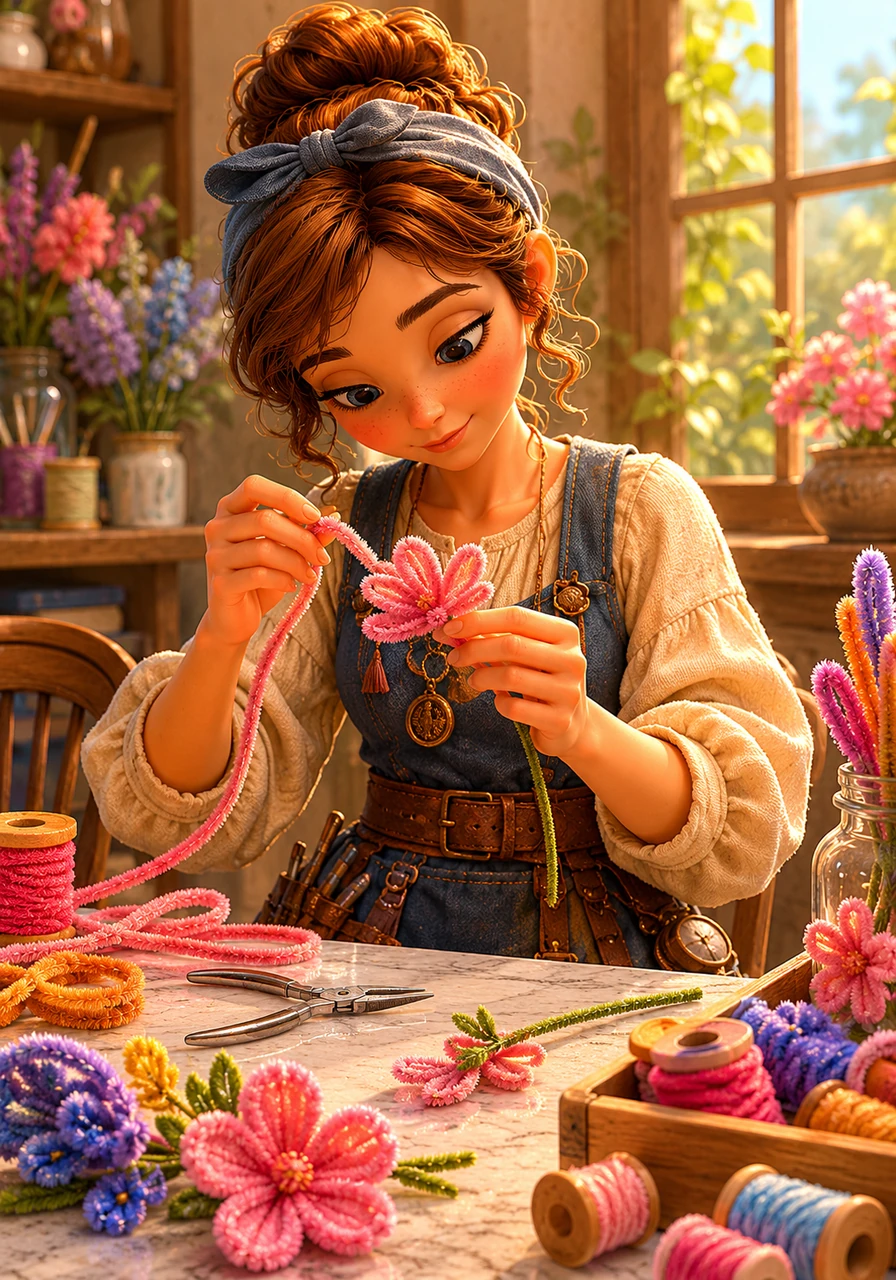 Elara sits at the workbench, her hands gently working in the soft window light established in the earlier scene. Her fingers are focused, delicately twisting a single strand of vibrant pink chenille wire. She is carefully shaping a fuzzy petal, transforming simple metal and fluff into a soft, textured bloom. A pair of fine silver crafting pliers glints nearby on the marble, surrounded by colorful spools of wire.