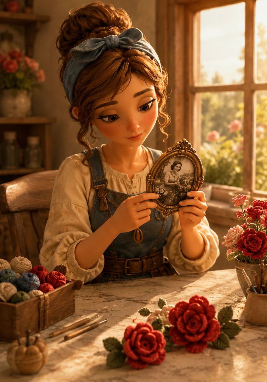 Pausing her creative work, Elara gazes thoughtfully at a small, vintage photograph held in a delicate brass frame. The faded black and white image shows a woman with a joyful smile tending a vibrant, real rose garden. Elara's own fluffy chenille creations, like the red roses seen earlier, rest on the warm marble table, casting soft shadows under the gentle sunlight, a contrast between real memories and crafted blooms.