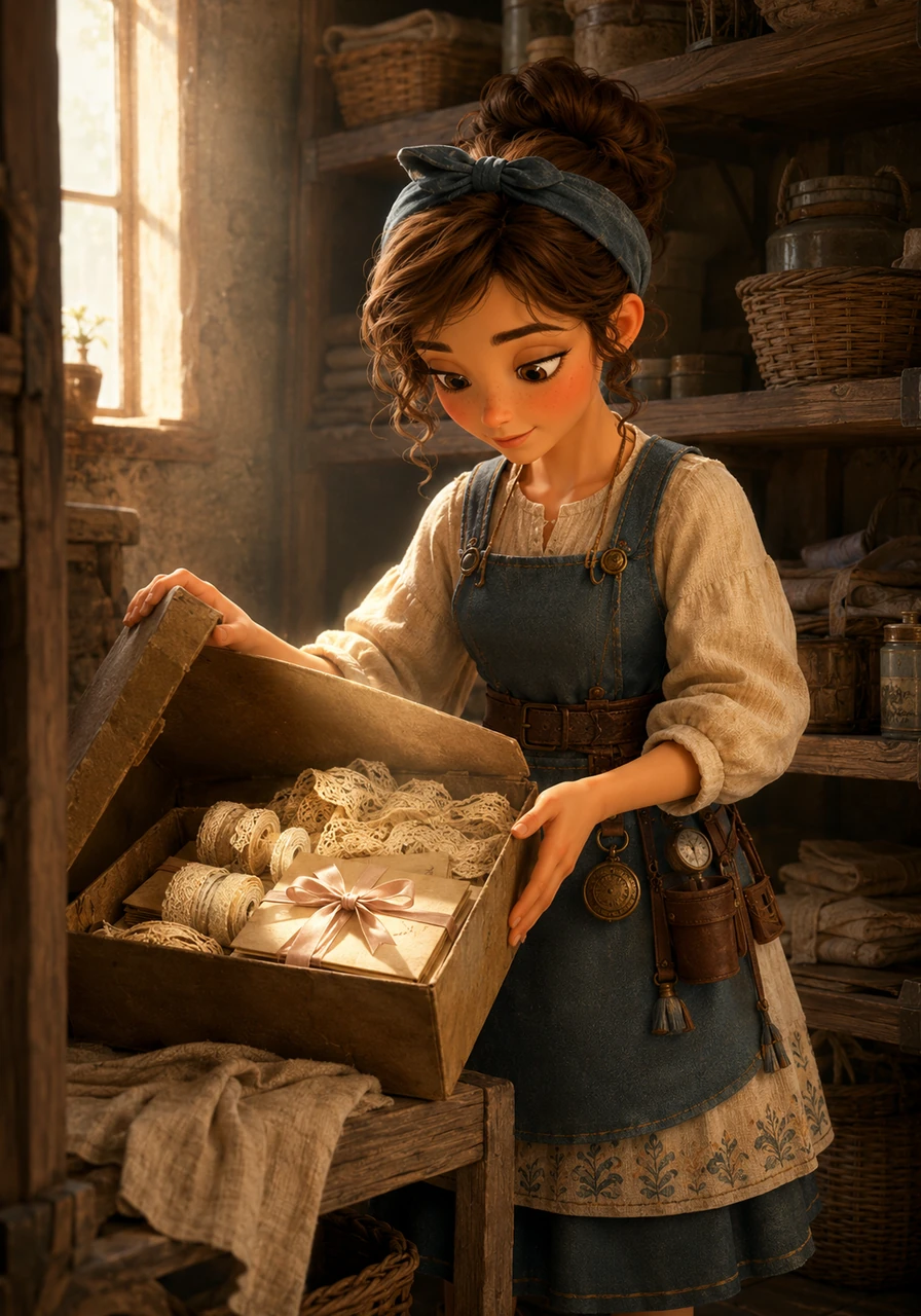 Leaving the main workbench, Elara explores a quiet storeroom bathed in diffused light, looking for a forgotten treasure. Her hand carefully lifts the lid of an aged, dusty cardboard box tucked away on a wooden shelf. Inside, illuminated by a sliver of sunlight, rest delicate spools of antique cream lace and soft, handwritten letters tied with faded silk ribbons. The scene is quiet and filled with memories.