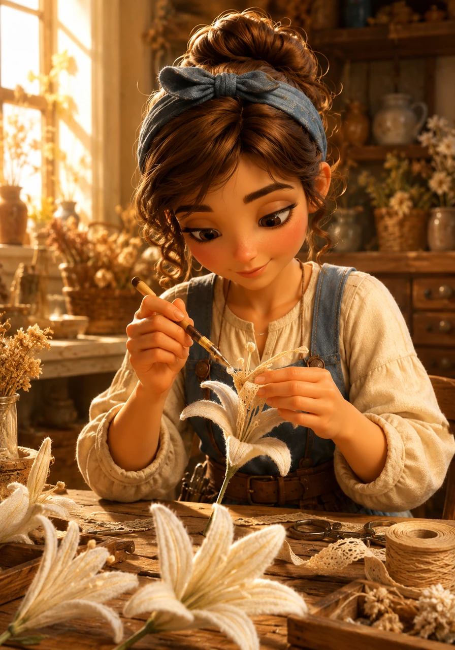 Back at her sunny workspace, Elara meticulously attaches a delicate strip of the antique cream lace from the storeroom onto the stamens of a newly formed white chenille lily. Her touch is light as she combines the aged, textured fabric with the soft, fuzzy wire. A tiny bead of glue catches the golden light as it secures the lace, showing the precise effort of the handmade process.