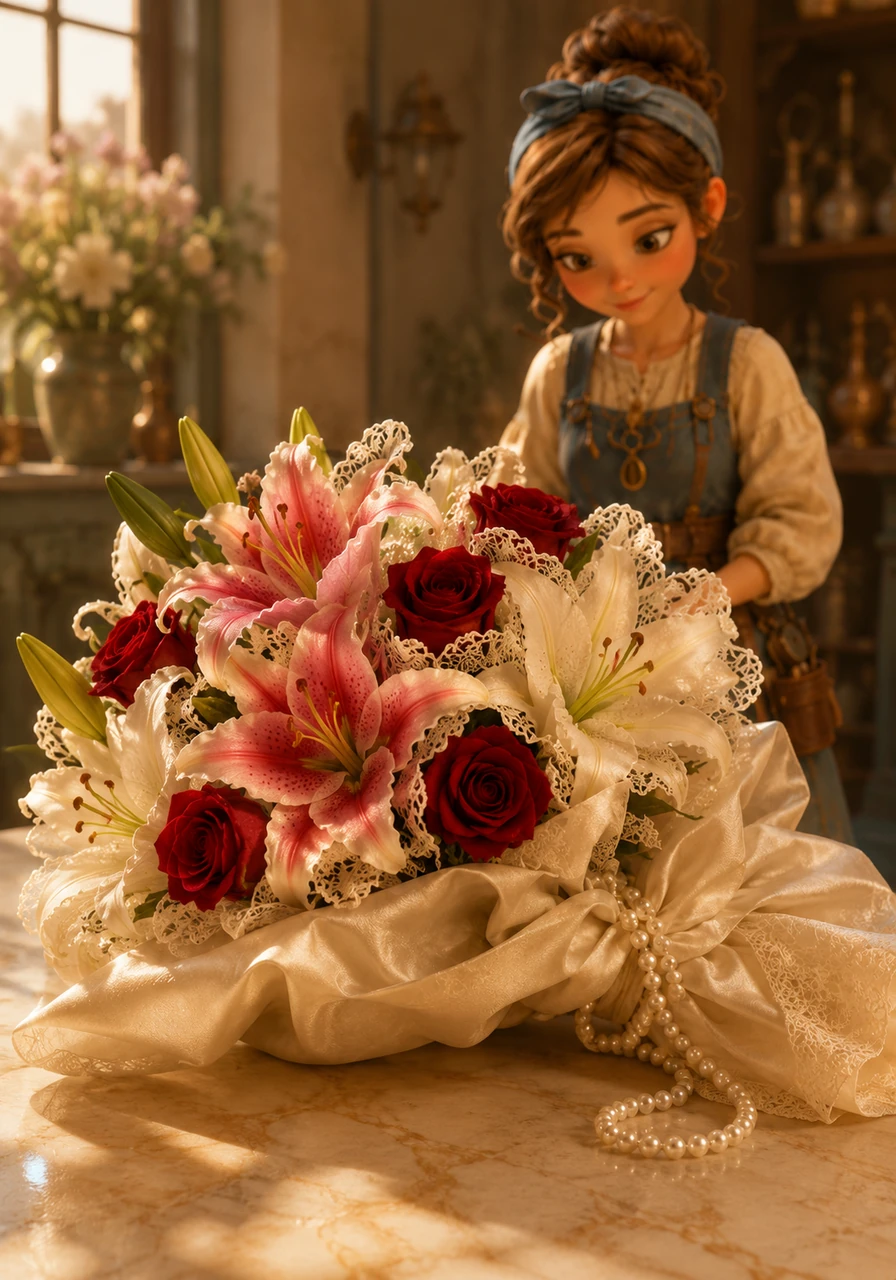 A beautiful, unique bouquet now rests on the warm marble surface, catching the soft afternoon sunlight. This special arrangement combines the pink stargazer lilies and red roses with white lilies that feature the delicate antique lace accents. The bouquet is wrapped loosely in the ivory silk fabric seen earlier, held together by a strand of the loose pearls, perfectly showcasing the integration of craft and history.