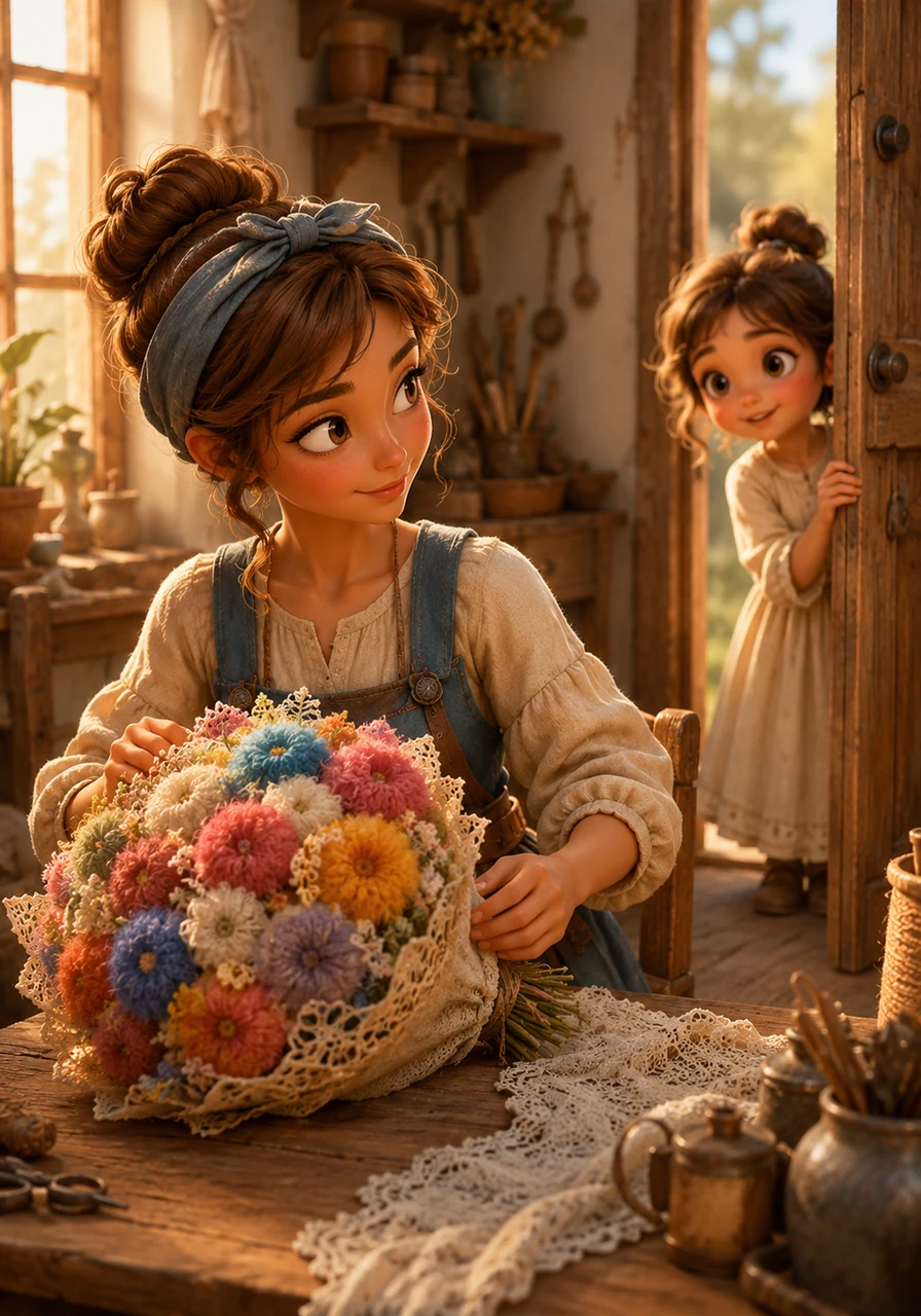 The peaceful atmosphere of the studio is softly interrupted as a young visitor, a curious girl in a simple cream dress, peeks through the doorway. Elara looks up from her work and smiles warmly, inviting the child closer to the table where the finished lace-integrated bouquet rests. The warm window light illuminates the girl's wide eyes, filled with wonder at the fuzzy, colorful flowers.