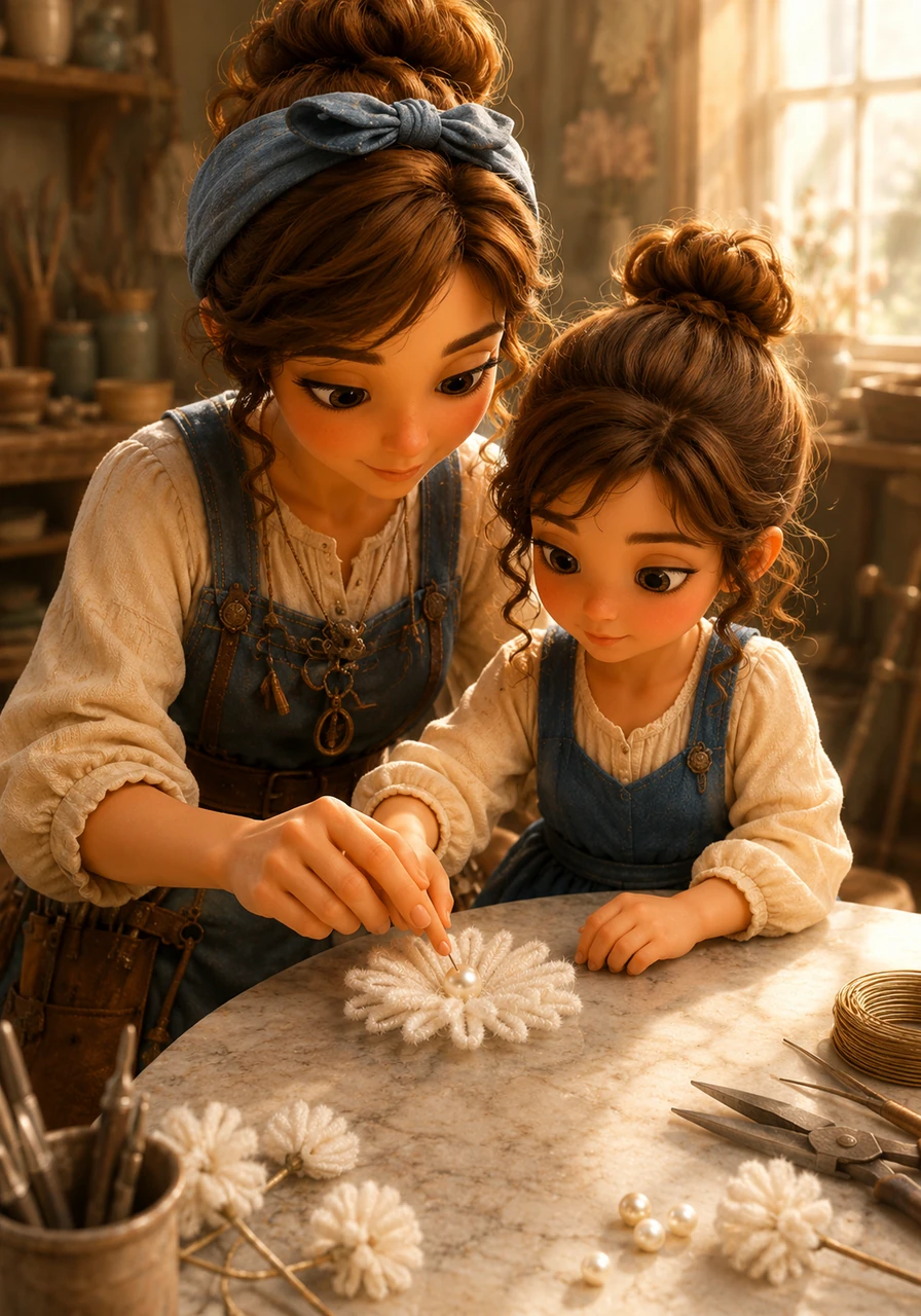 At the workbench, Elara gently guides the young girl's hand, teaching her the simple magic of the craft. Together, their fingers work just above the marble surface, carefully positioning a single, smooth pearl into the center of a fresh white chenille bloom. The soft sunlight highlights the delicate textures of the fuzzy wire and the child's small fingers, creating a moment of shared creativity.