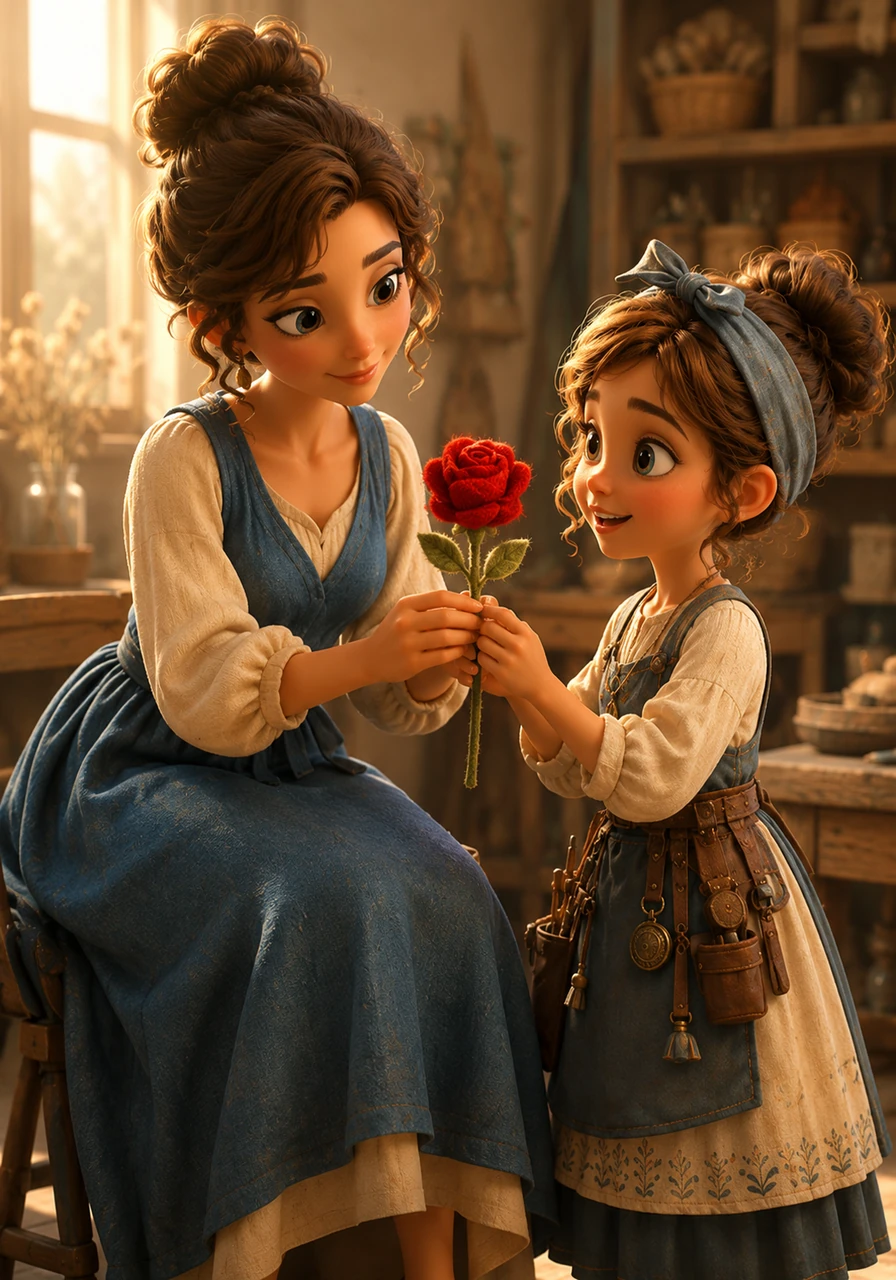 As the afternoon light begins to warm further, casting longer shadows across the studio, Elara presents the girl with a special keepsake. She holds out a single, perfect red chenille rose, identical in style to those in the initial flat-lay but carefully finished just for her. The girl accepts the small, fuzzy flower with both hands, her face beaming with pure delight.