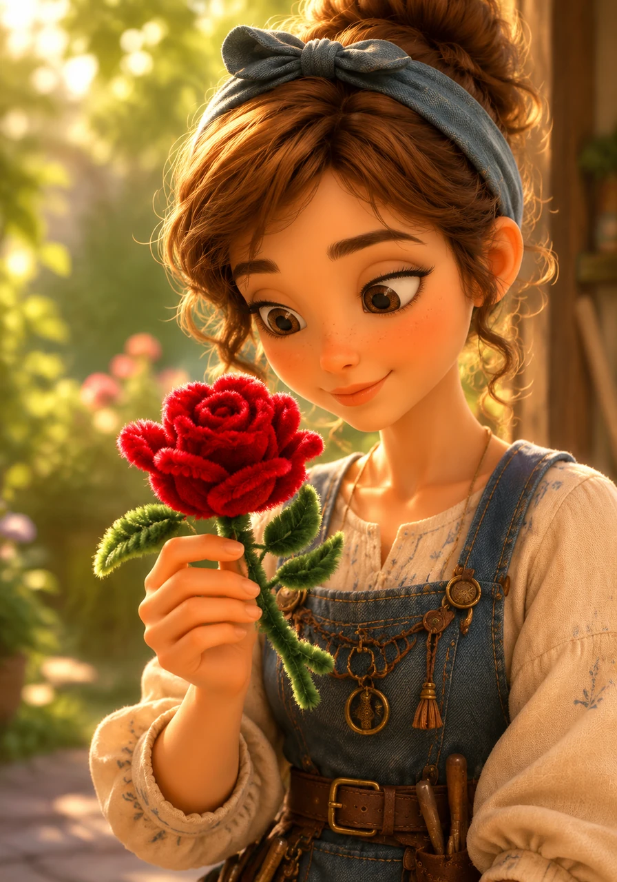 A final close-up focuses on the young girl's small hand as she stands just outside the sun-dappled studio. She holds the vibrant red chenille rose tightly, its fuzzy petals glowing softly in the natural light. Green leaves of the outdoor garden are softly blurred in the background, contrasting with the crafted bloom and creating a hopeful, warm bokeh effect.