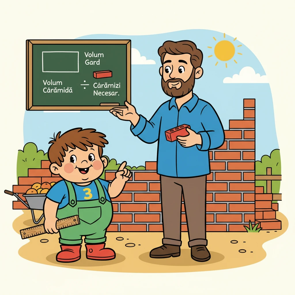 Maestrul i-a explicat lui Ionel că trebuie să calculeze volumul gardului și volumul unei singure cărămizi. Apoi, prin împărțire, puteau afla câte cărămizi erau necesare. Ionel a ascultat atent.