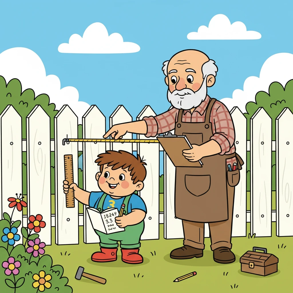 Maestrul a măsurat lungimea, lățimea și înălțimea gardului, notând cu atenție rezultatele. Ionel a ajutat, ținând rigla și notând cifrele.