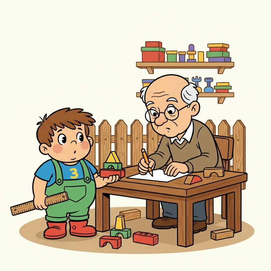 Cu ajutorul unei bucăți de hârtie și a unui creion, maestrul a calculat volumul gardului și volumul unei cărămizi. Ionel a urmărit cu interes fiecare pas.