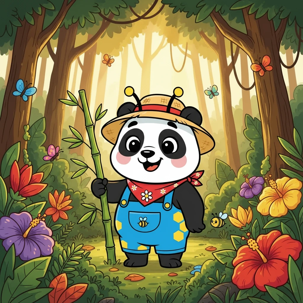 No coração de uma selva exuberante, onde o sol dourado beijava as árvores altas, vivia Bubu, um panda adorável e gentil. Ele amava brincar entre as flores vibrantes e se deliciar com bambu fresco. Sua vida era pacífica e cheia de alegria.