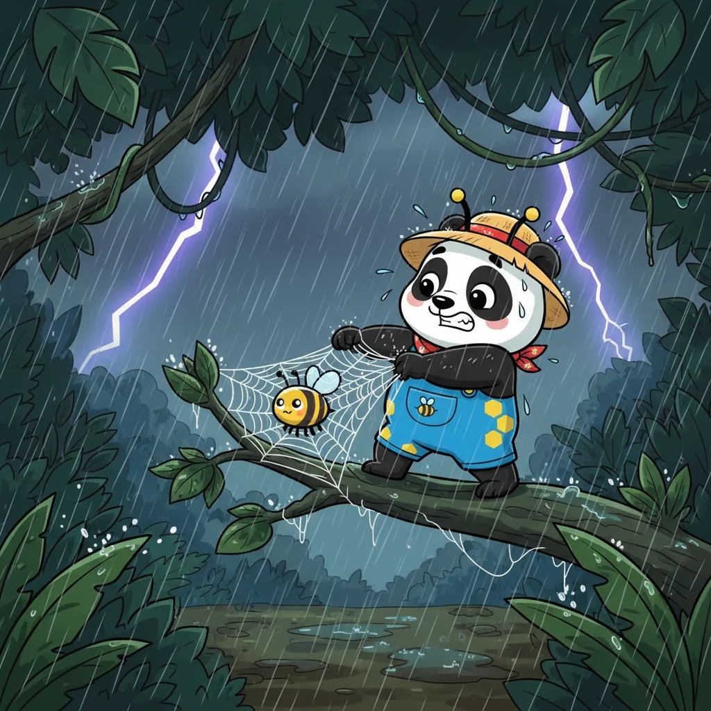 Um dia, uma forte tempestade atingiu a selva. Zizi ficou presa em uma teia de aranha e Bubu, mesmo com medo, correu para salvá-la. Ele usou sua força para romper a teia, arriscando-se por sua amiga.