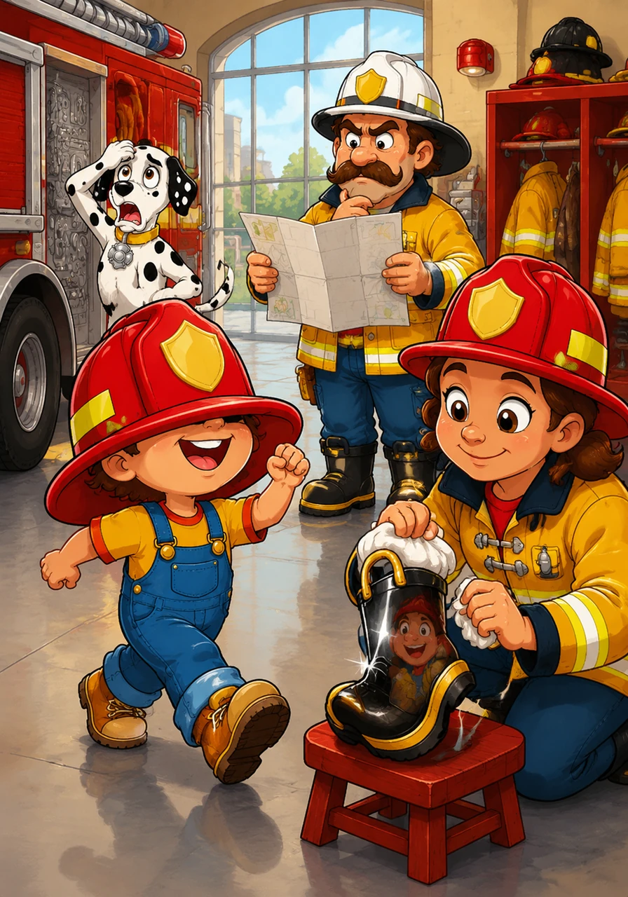 Toby marches into the bright and busy Coreville Fire Station wearing a fire helmet that is much too big and keeps sliding down to cover his nose. Captain Grumpus is trying to read a map while Firefighter Flo polishes a boot so bright it reflects Toby’s excited face.