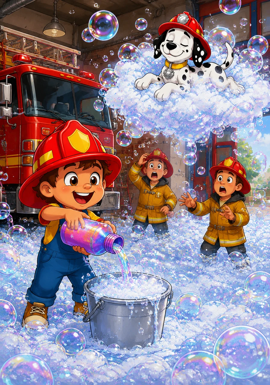 Toby decides to help wash the fire truck and pours a whole bottle of Mega-Bubble-Glaze into his water bucket. Instantly, the garage is flooded with shimmering bubbles, and Sir Woofington the Dalmatian is lifted off the ground, floating peacefully on a giant sudsy cloud.