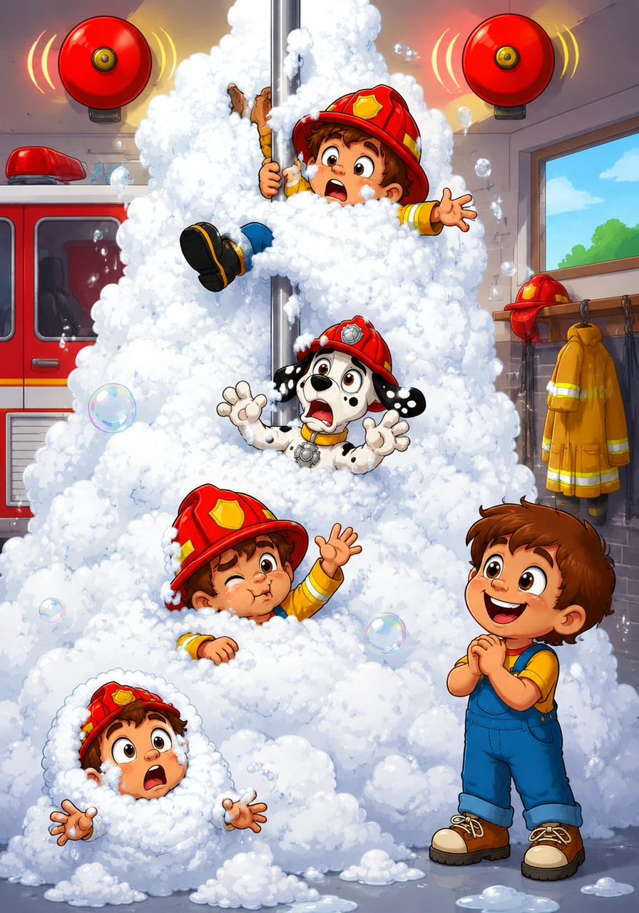 The alarm bells ring for a Fluff-Emergency at the park, but the firefighters get stuck halfway down the fire pole in Toby’s mountain of bubbles. They pop out at the bottom one by one, looking like giant, soapy marshmallows while Toby cheers them on.