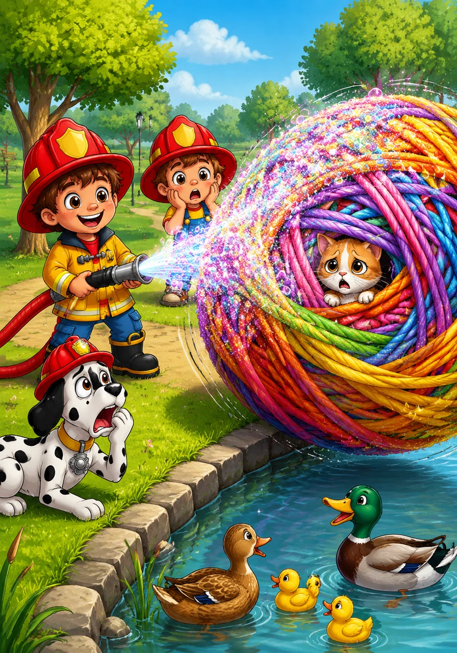 At the park, a tiny kitten is trapped inside a house-sized ball of tangled rainbow yarn that is slowly rolling toward the duck pond. Toby tries to help by using the fire hose, but instead of water, it shoots out a stream of sparkling glitter-bubbles that coat the yarn ball.