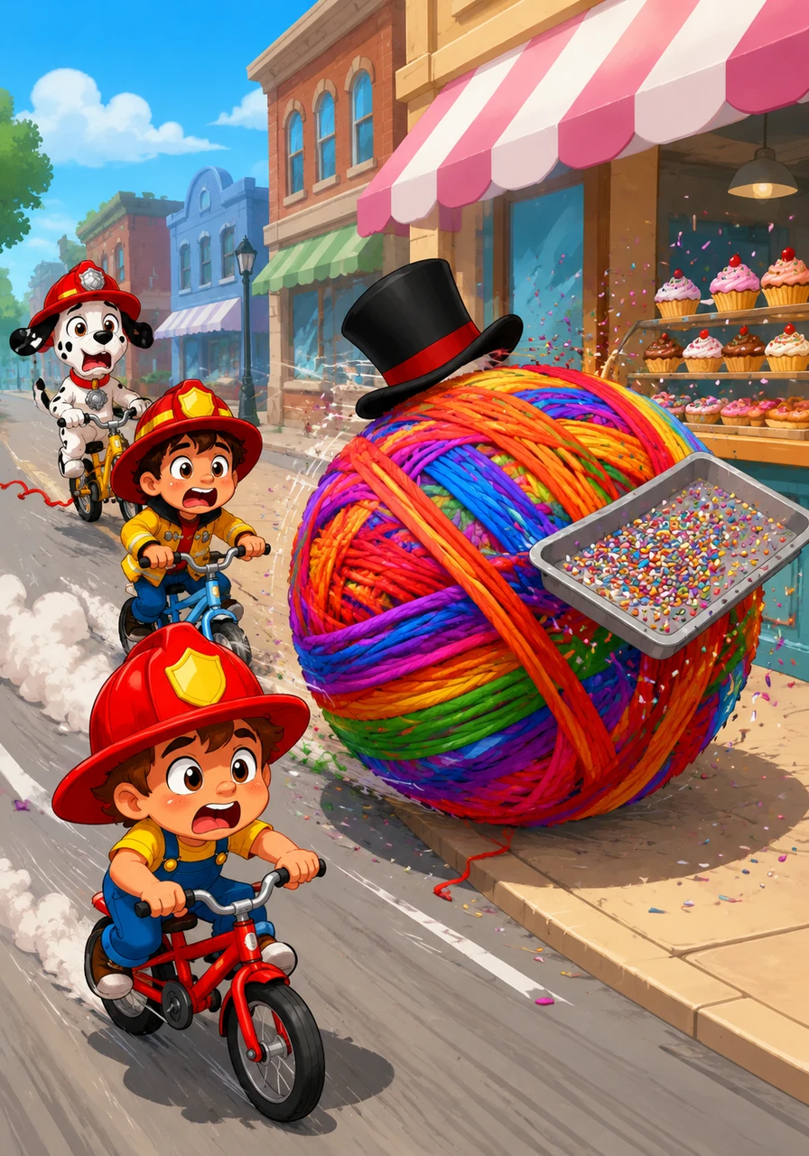 The giant yarn ball begins rolling down Main Street, picking up the Mayor’s hat and a tray of sprinkles from the bakery along the way. The firefighters are forced to chase it on tiny bicycles because the fire truck is still too slippery from Toby’s mega-bubbles.