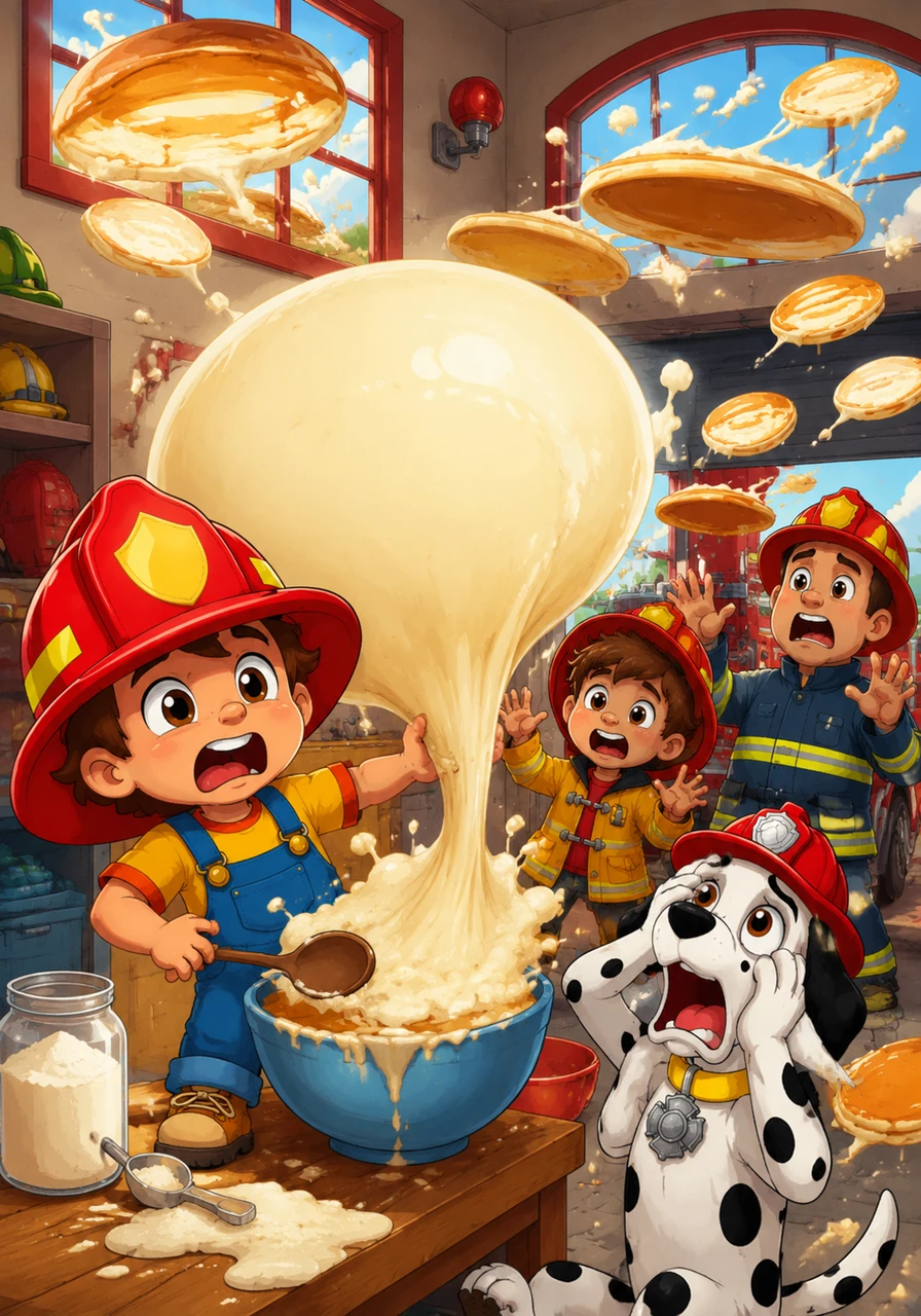 Back at the station, Toby wants to make Hero Energy Pancakes for the tired crew but accidentally uses Super-Rising-Whizz-Flour. The batter expands like a giant balloon, and fluffy golden pancakes begin to burst out of the station windows and doors like delicious UFOs.