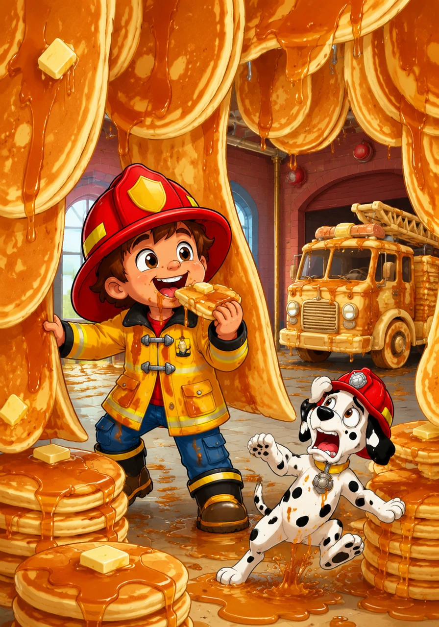 The entire fire station is transformed into a giant pancake house with flapjacks hanging from the ceiling like tasty curtains. Firefighter Barnaby looks delighted as he wears a syrup-stained raincoat and tries to eat his way through the delicious obstacles to find the garage.