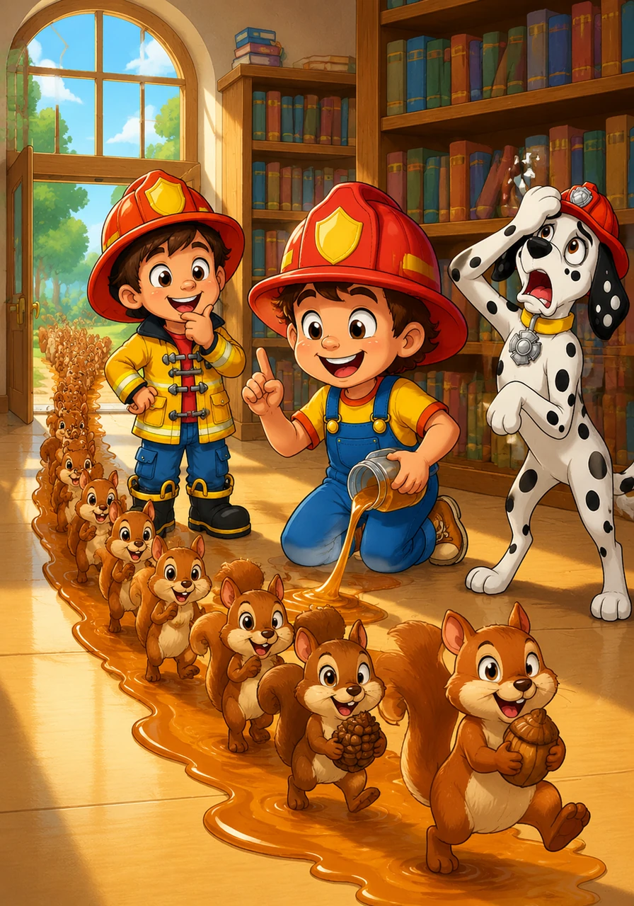 Another emergency call arrives because a parade of squirrels has taken over the library and won't leave the quiet zone. Toby suggests a Sticky Peace Offering, leading the squirrels out of the building in a long, orderly line following a trail of warm maple syrup.