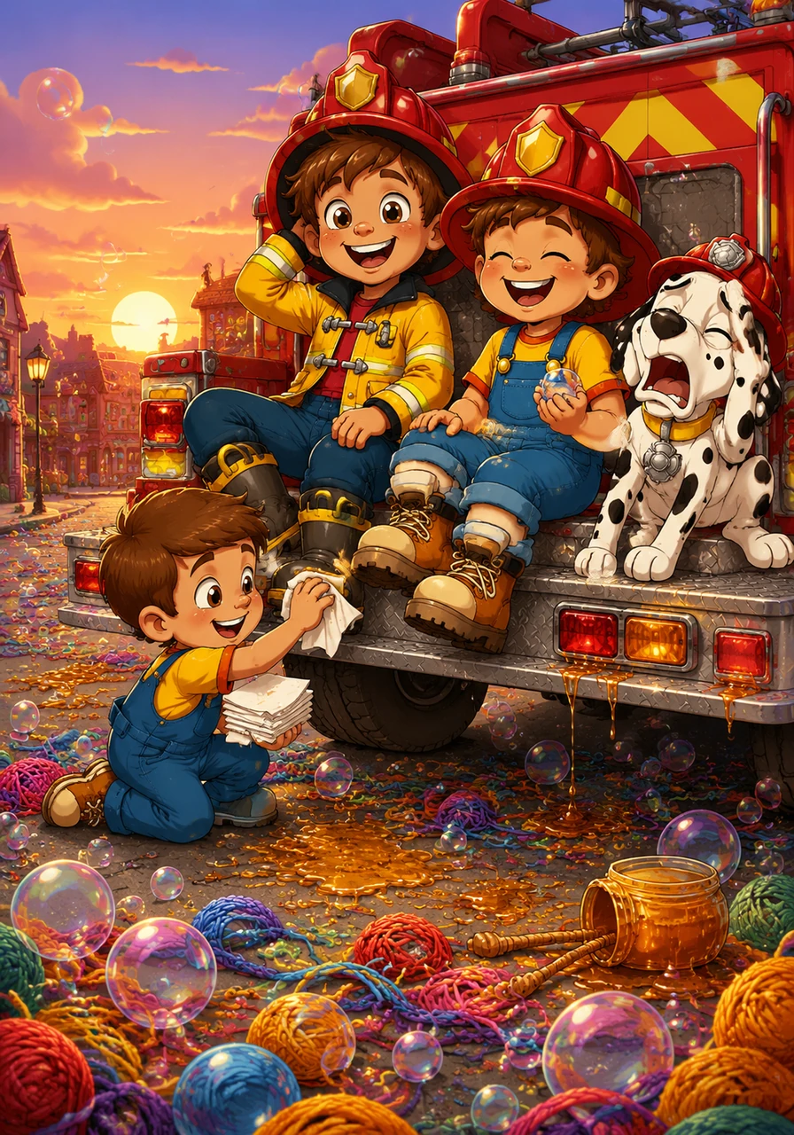 As the sun sets over Coreville, the town is a colorful mess of bubbles, rainbow yarn, and the sweet scent of syrup. The firefighters sit on the back of their shiny truck, laughing and exhausted, while Toby tries to clean their boots with a stack of sticky napkins.