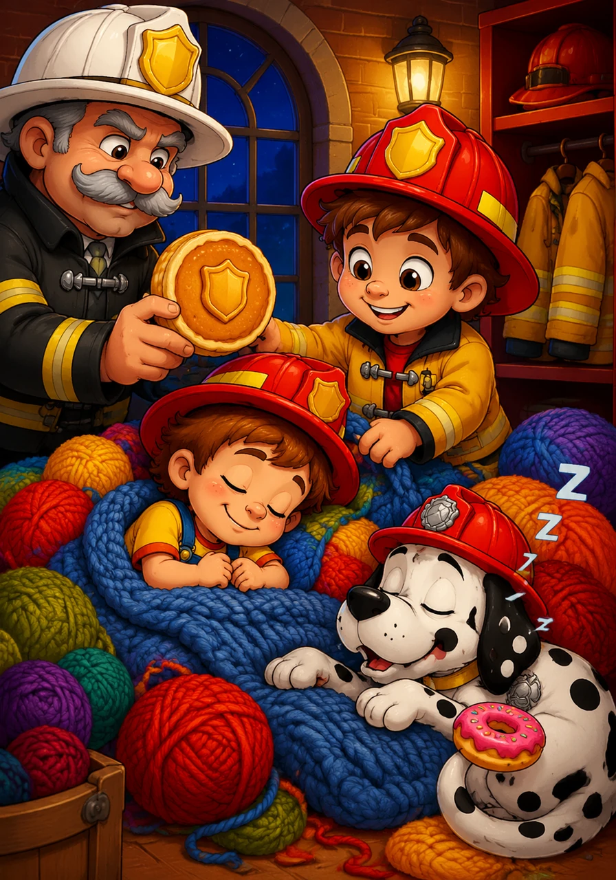 Captain Grumpus presents Toby with a special Junior Chief badge made from a perfectly round, golden-brown pancake. Toby falls fast asleep in a soft pile of yarn, tucked in by his firefighter friends, while Sir Woofington snores with a stray donut on his tail.