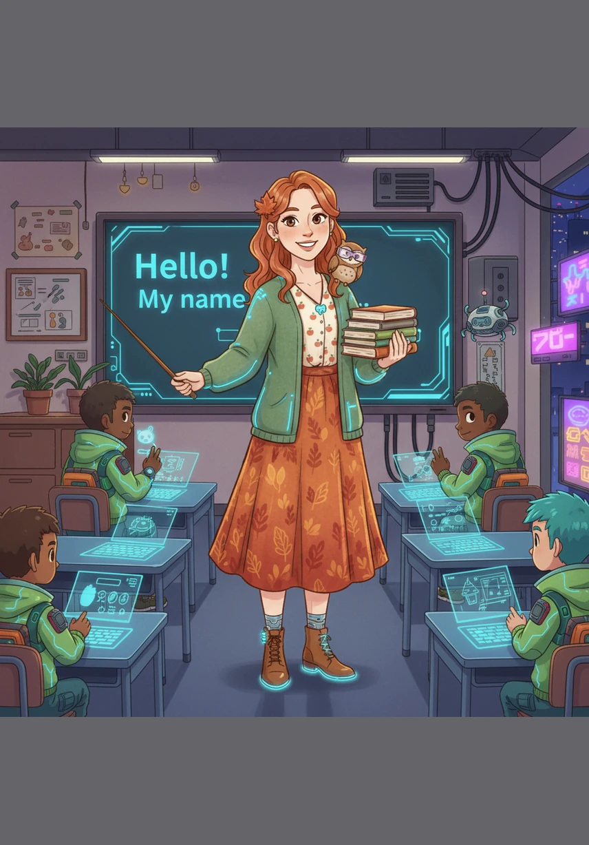 Ms. Maple stands at the front of a bright classroom, a warm smile on her face as she welcomes her diverse group of students. On the chalkboard, the words Hello! My name is... are written in large, friendly letters to start their journey.