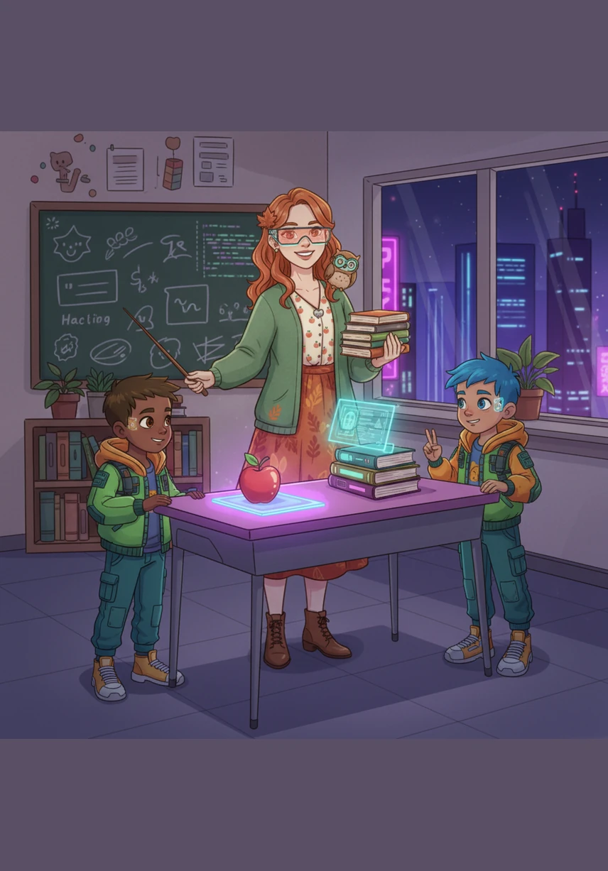 To learn basic nouns, Ms. Maple points to a shiny red apple and a stack of books on her desk. The children repeat the words clearly, their eyes wide with the joy of matching new sounds to the objects they see every day.