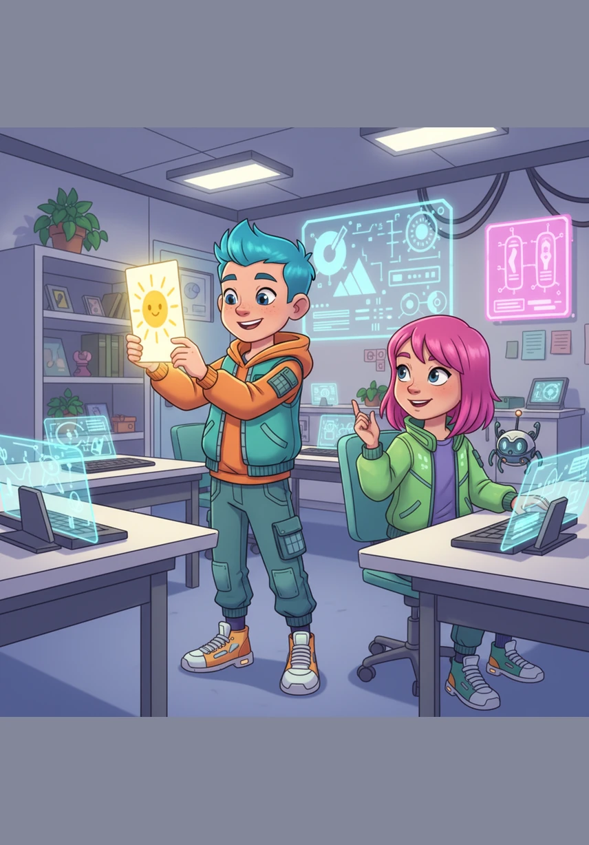 Back inside, the students practice asking questions using colorful picture cards of the sky and nature. A young boy holds up a card with a bright sun and asks his friend, What is this? while his friend answers proudly, It is the sun.