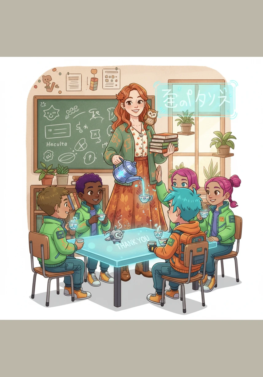 During a mock tea party, the children learn the importance of manners and the phrases Please and Thank you. Ms. Maple pours imaginary tea into tiny cups, rewarding polite English phrases with encouraging nods and high-fives.