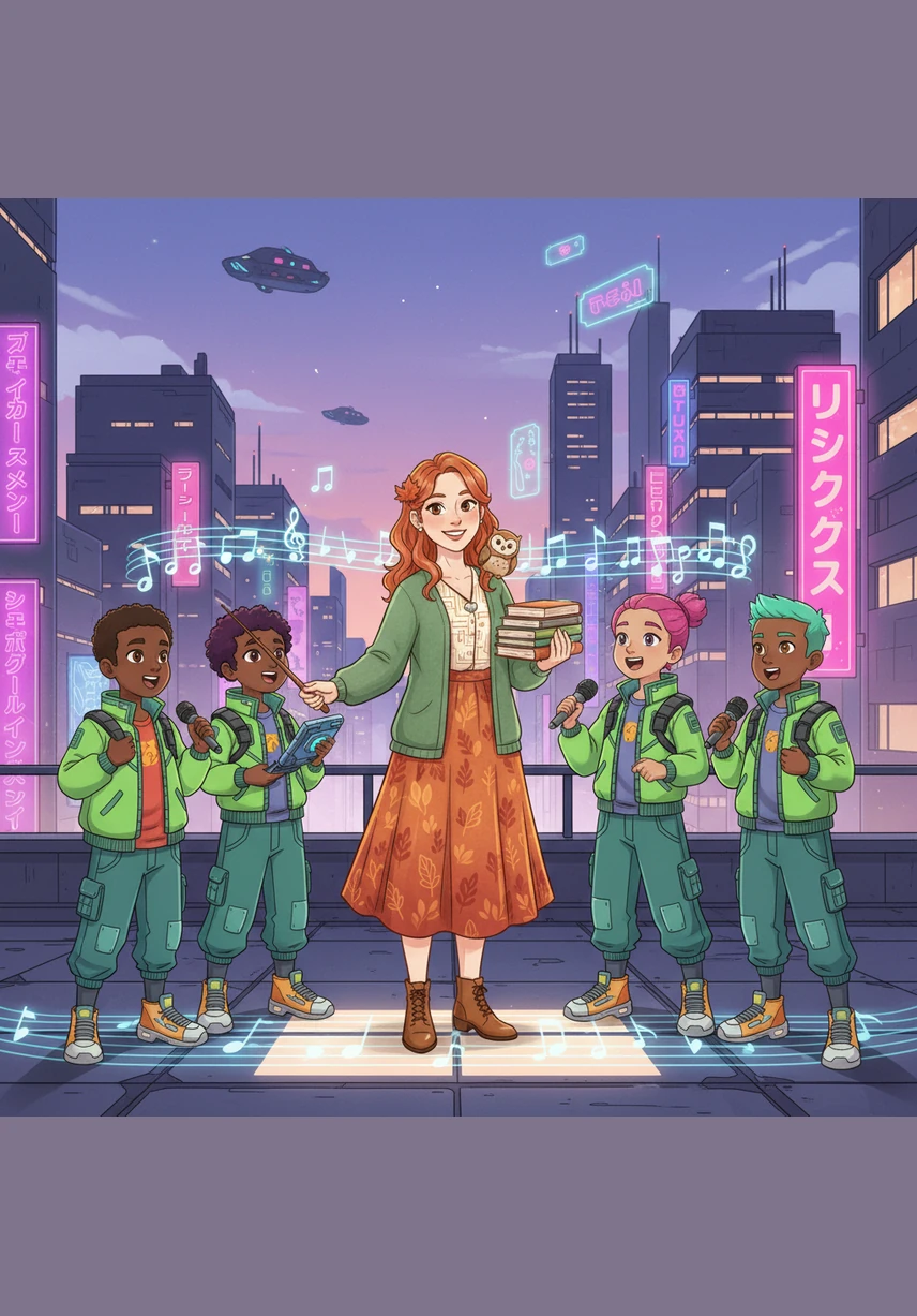 Ms. Maple gathers the children for a final song, using rhythmic clapping to help them remember the phrases they learned. Their voices rise together in a harmonious melody, turning their new vocabulary into a catchy tune.