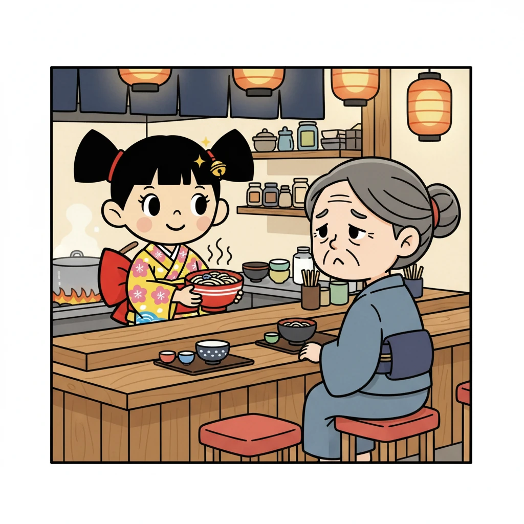 Her first customer was an old woman named Hana, who always looked a little sad. Urara, wanting to honor Hana, carefully prepared a special bowl of udon, hoping to bring a smile to her face.