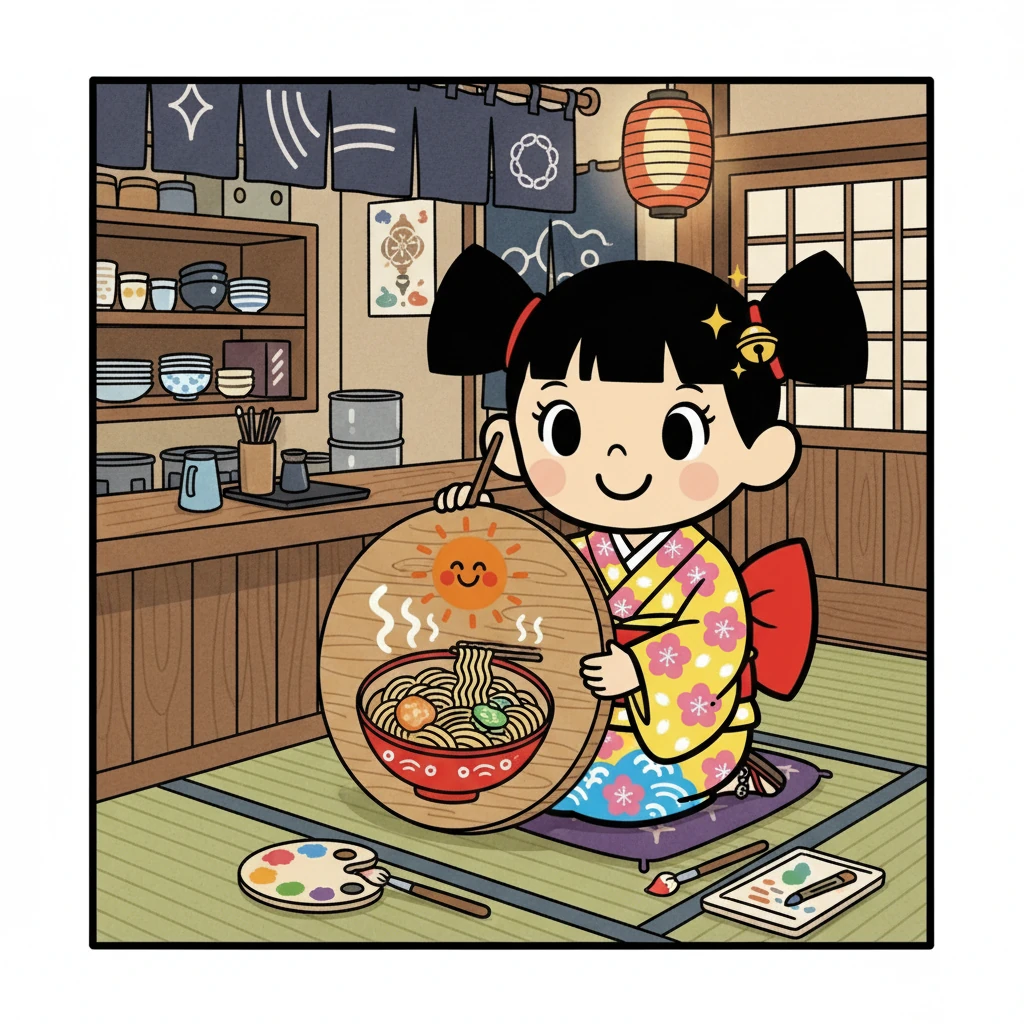 Urara decided to use her creativity to create a new sign. She painted a vibrant picture, hoping to reflect the joy and warmth of her udon. She worked hard, determined to make her shop beautiful.
