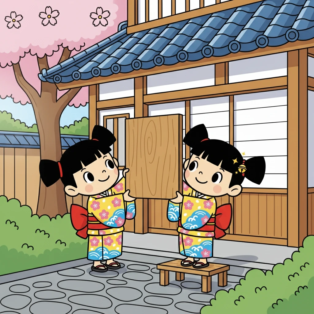 As Urara hung the new sign, she saw Hana approaching, smiling. Hana helped Urara, showing respect for her efforts. Together, they looked at the sign and felt a sense of pride.