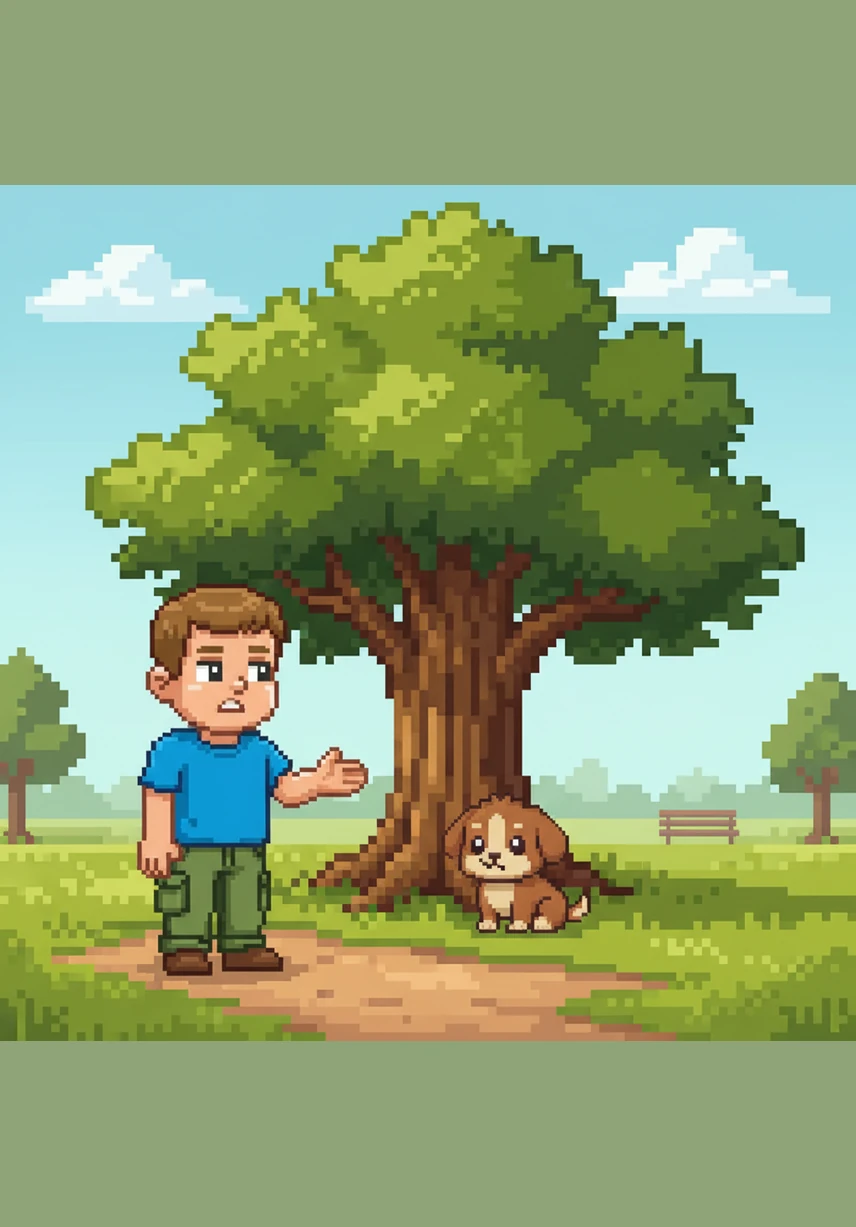 Tom is playing in the park on a beautiful, sunny day. He sees a small brown puppy sitting all alone under a large oak tree. The puppy looks very worried and does not have a collar around its neck.