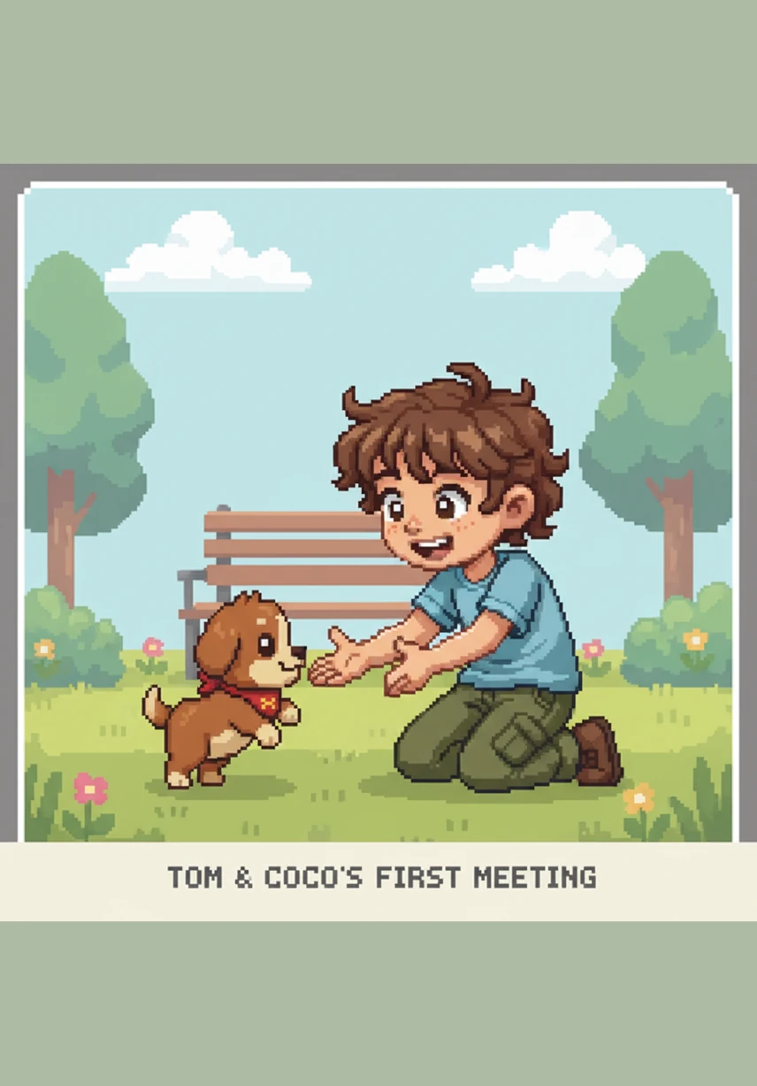 Tom walks slowly toward the puppy so he does not scare it away. He reaches out his hand and says, 'Hello there, little friend.' The puppy wags its short tail and happily licks Tom's fingers.