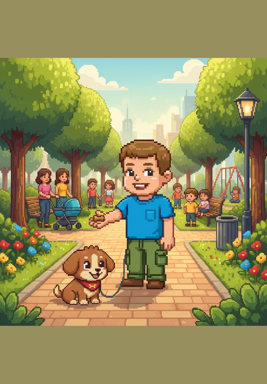 Tom looks around the busy park for an owner, but he only sees families having picnics far away. He decides to call the puppy Coco for now. Coco follows Tom closely as he starts to search for clues.
