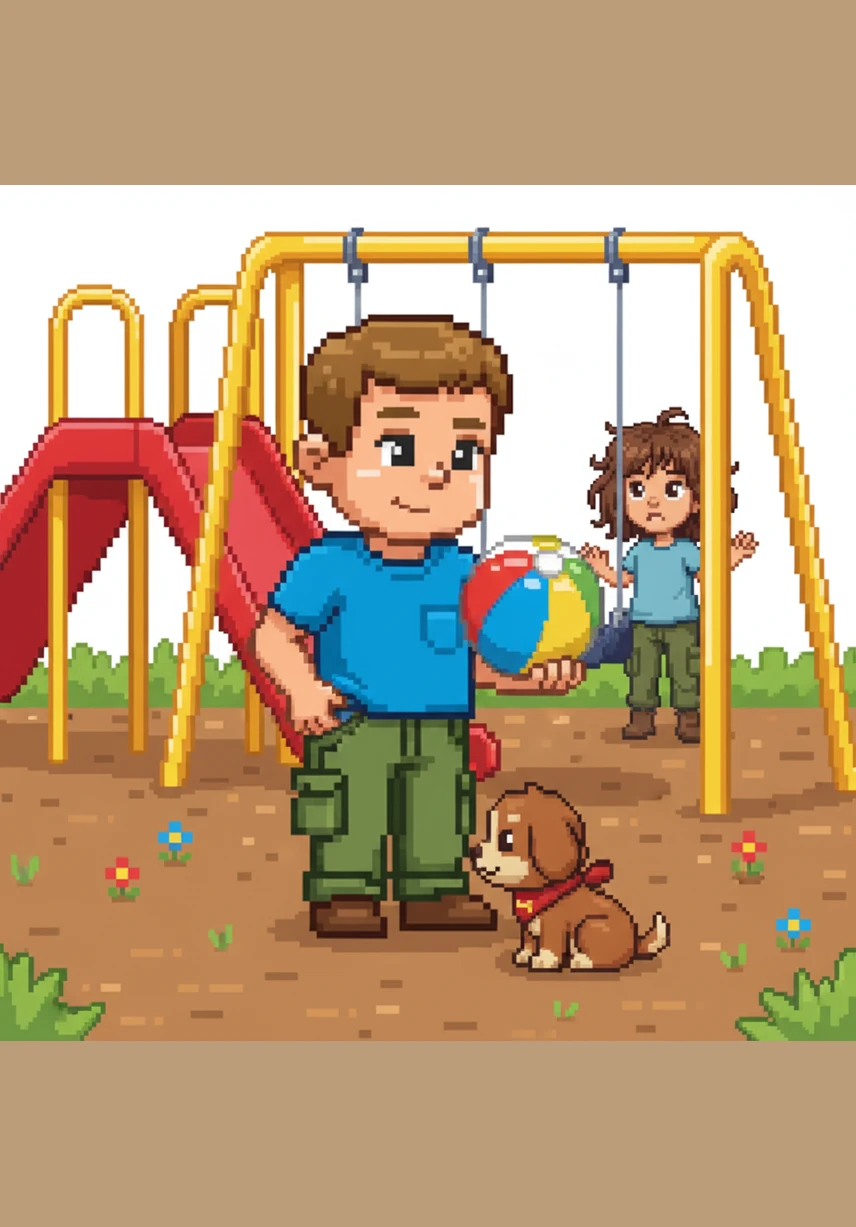 They find a bright, colorful ball near the playground equipment. Tom thinks the ball might belong to Coco's owner because it smells like the puppy. He puts the ball in his pocket and continues his search.