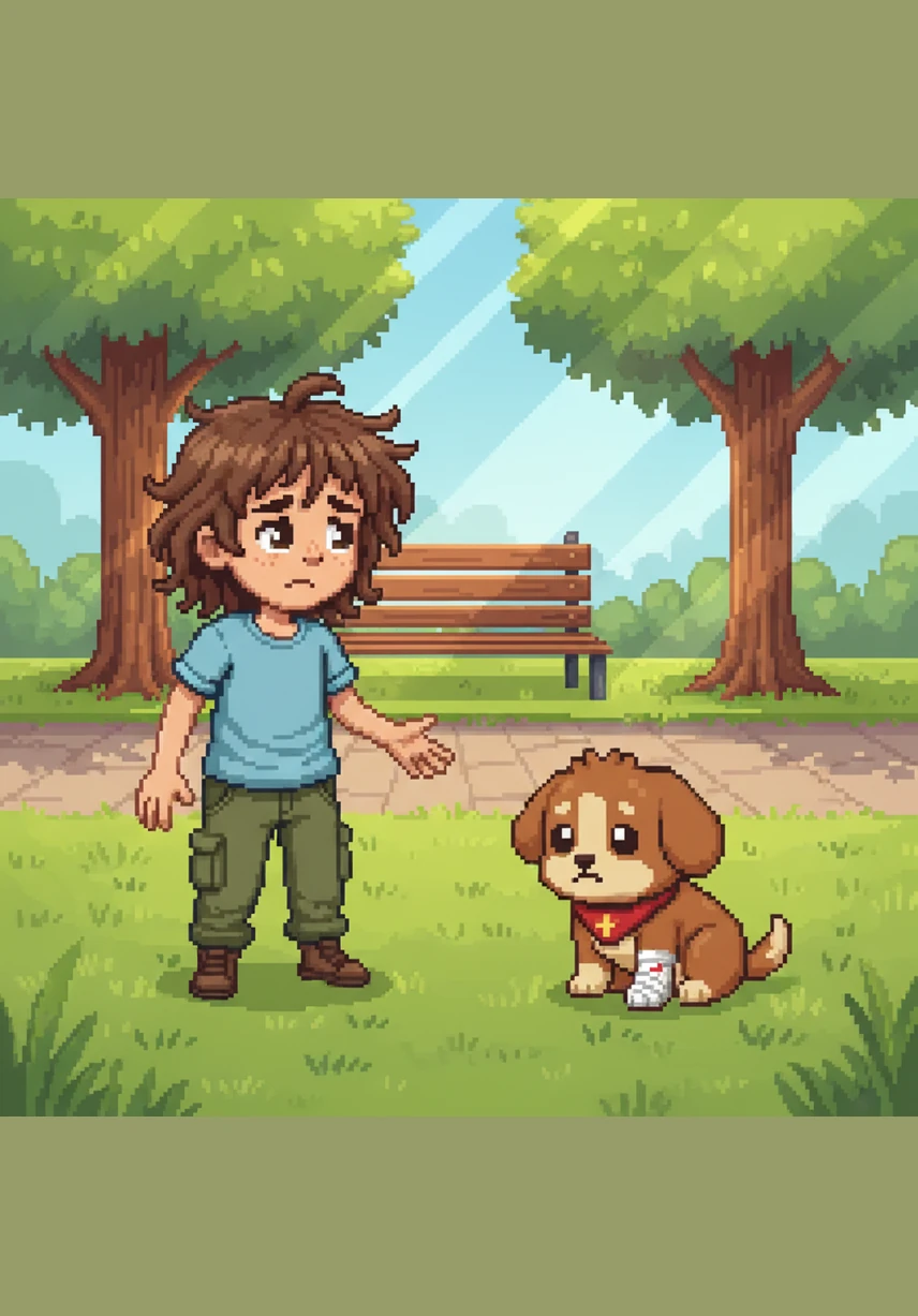 Tom sees a group of older children playing soccer and asks if they lost a dog. They shake their heads no, but one girl points toward the duck pond. Tom thanks them and walks quickly toward the water with Coco.