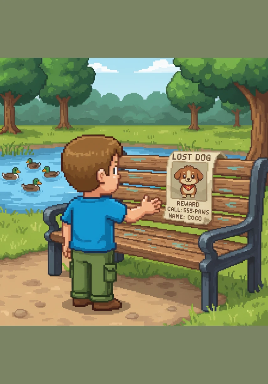 Near the duck pond, Tom notices a 'Lost Dog' poster taped to a wooden bench. The picture on the poster looks exactly like the puppy he found! It says the owner is looking for a puppy named Coco.