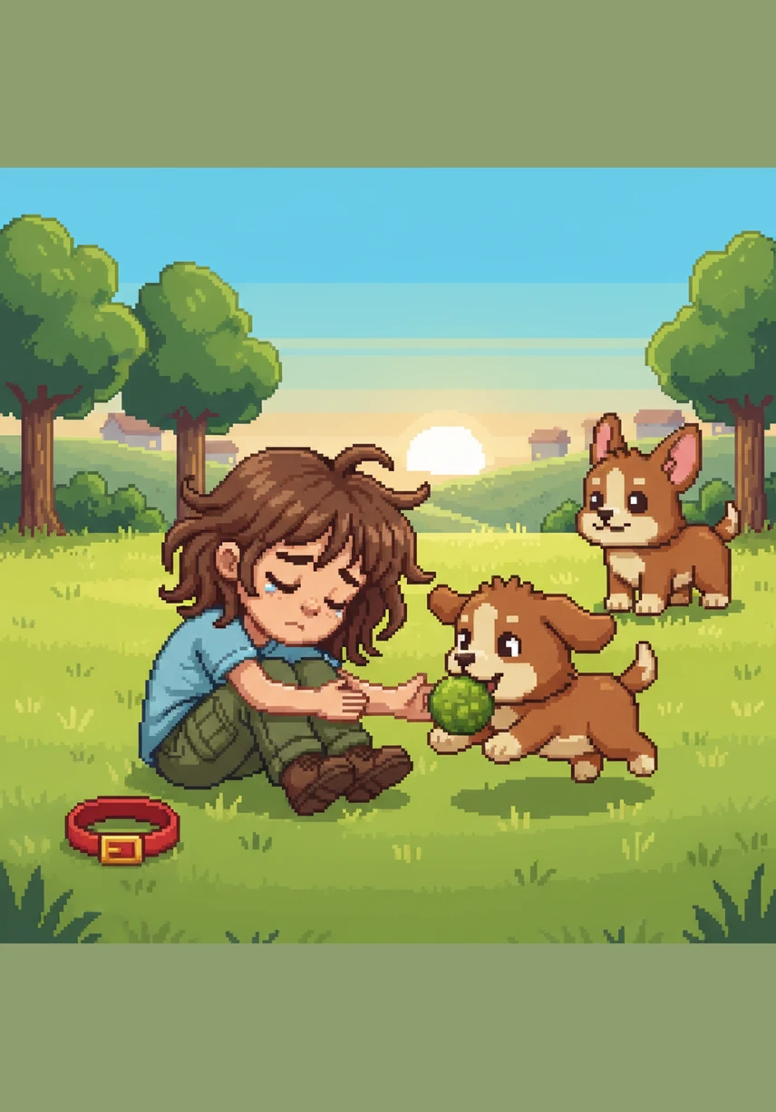A few minutes later, a young girl runs across the green grass toward them. She looks very tired from searching but starts to smile when she sees the puppy. Coco barks happily and jumps right into her arms.